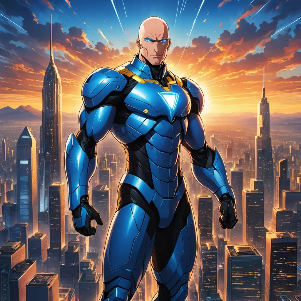 a man in a blue suit standing in front of a city skyline with skyscrapers and a sunset in the background, antipodeans, a character portrait, Adam Manyoki, official art