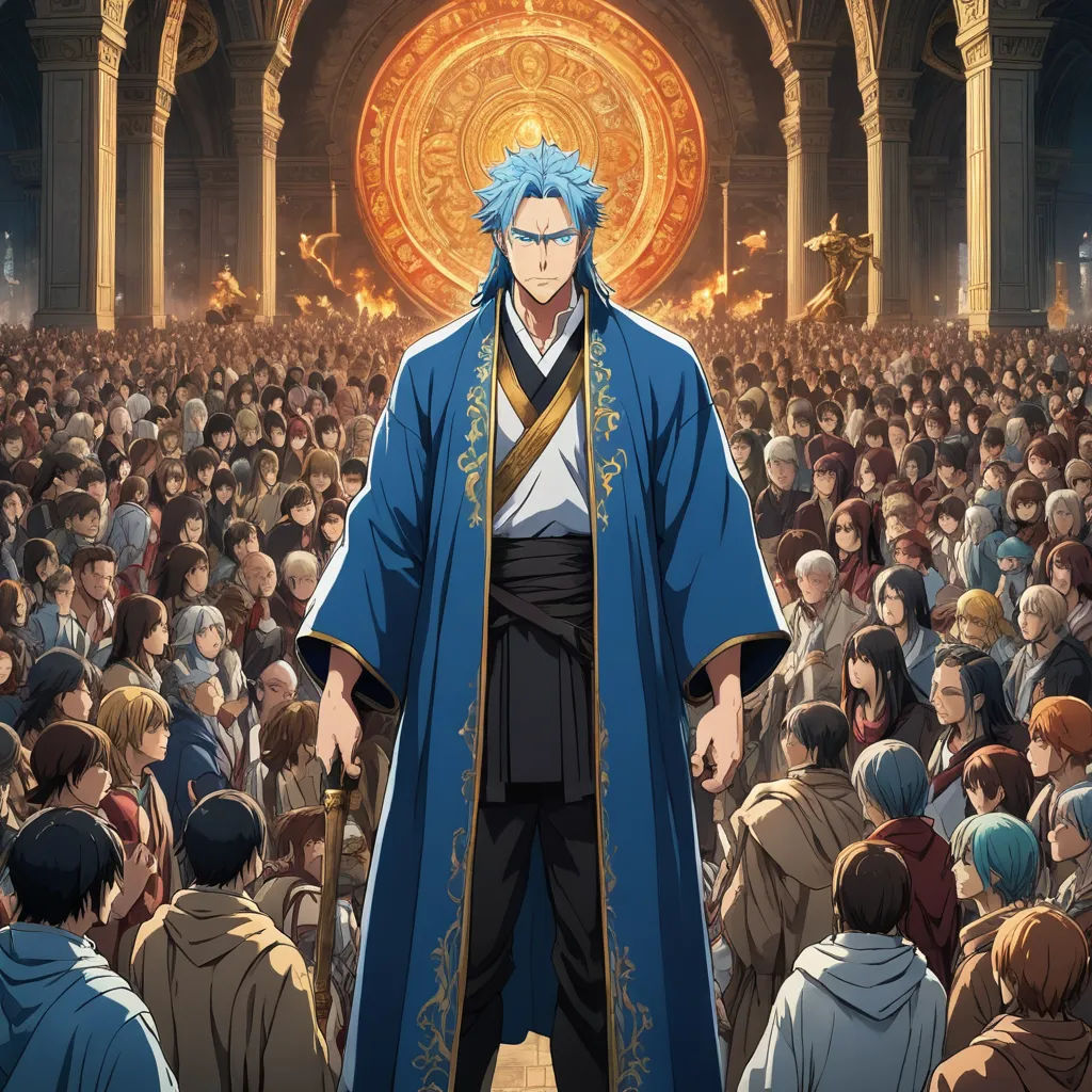 a man in a blue robe standing in front of a crowd of people in a building with a golden circle, rayonism, poster art, Baiōken Eishun, anime key visual