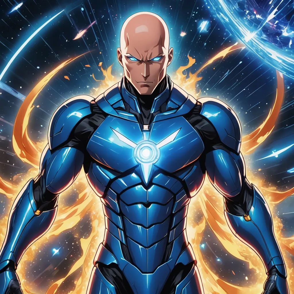 a man in a blue suit standing in front of a blue and orange background with a star in the center, rayonism, a comic book panel, Artgerm, comic cover art