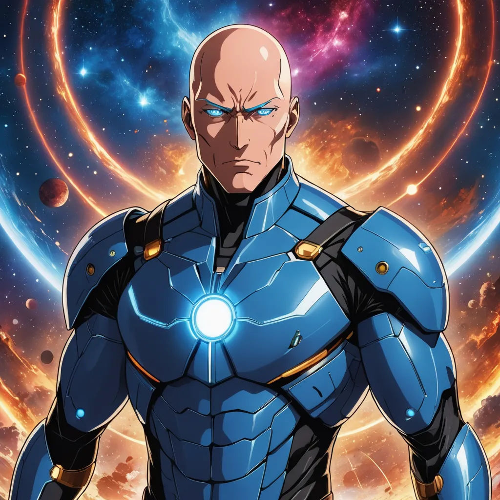 a man in a blue suit standing in front of a space background with a bright light on his chest, space art, a character portrait, Artgerm, comic cover art