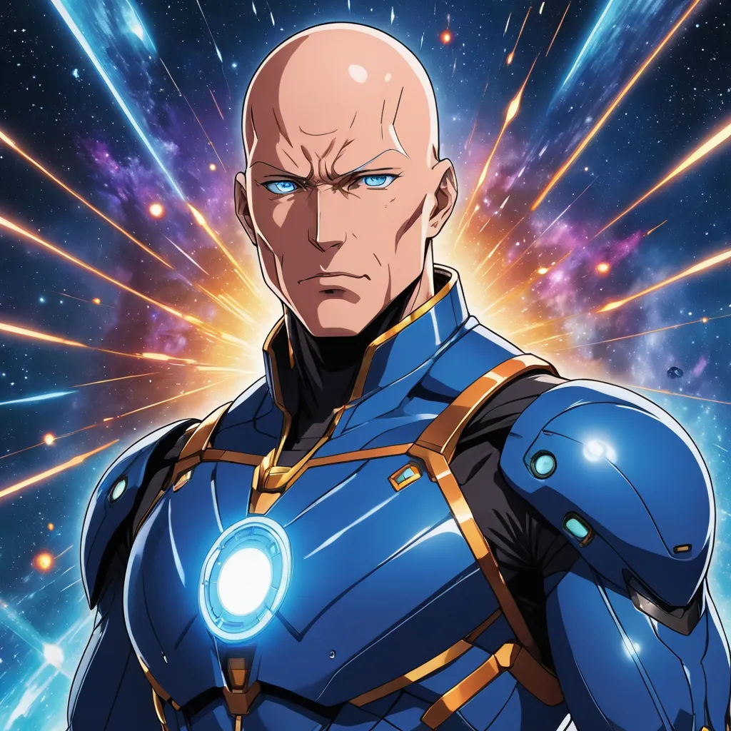 a man in a blue suit with a light on his chest and a blue light on his chest, in front of a background of stars, rayonism, a character portrait, Adam Manyoki, official art