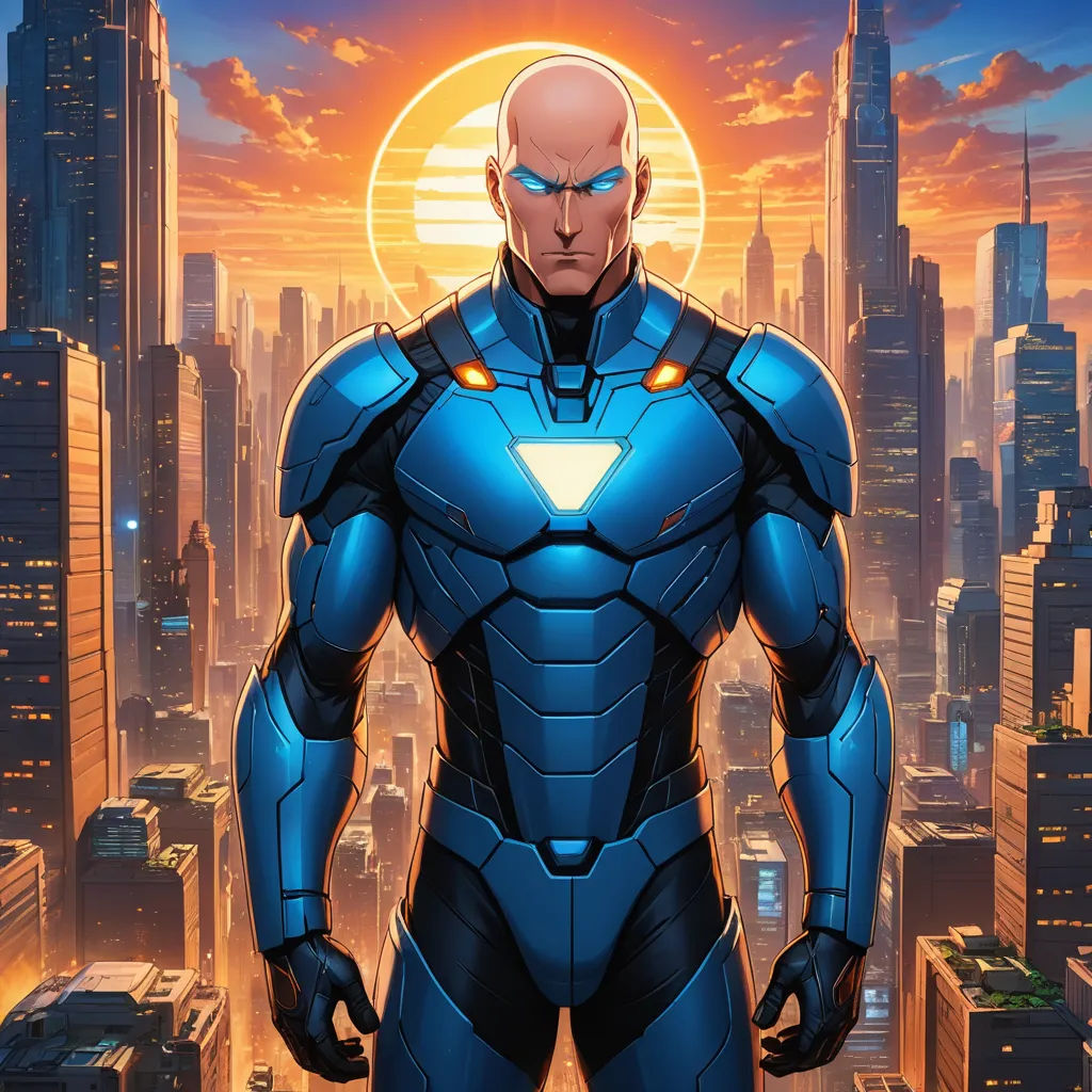 a man in a suit standing in front of a city skyline with a sun in the background and a halo above his head, antipodeans, a comic book panel, Everett Warner, rossdraws global illumination