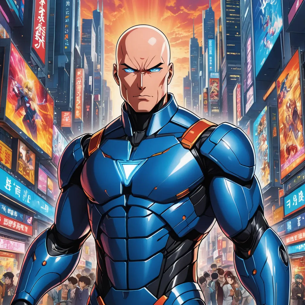 a man in a futuristic suit standing in a city street with a crowd of people behind him and a cityscape in the background, antipodeans, a comic book panel, Adam Manyoki, yusuke murata