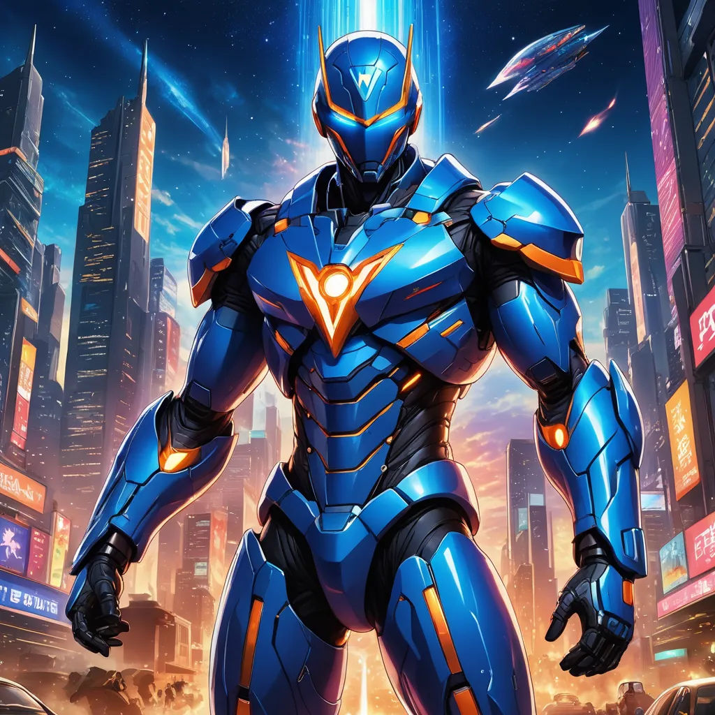 a robot standing in a futuristic city at night with a bright light on his face and a futuristic city in the background, afrofuturism, concept art, Dai Jin, mecha