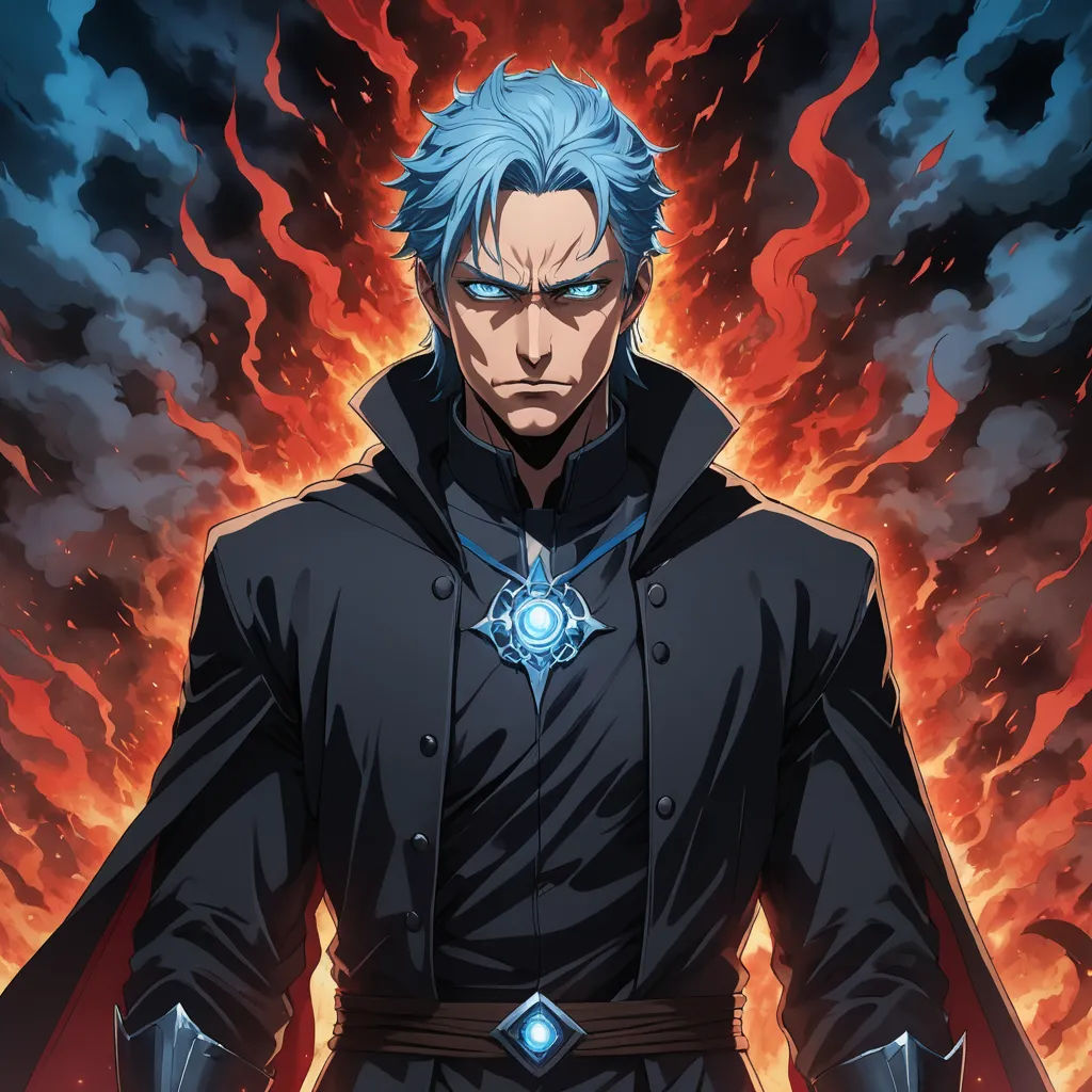a man with blue hair and a cape standing in front of a fire background with a star on his chest, rayonism, a character portrait, Cedric Seaut (Keos Masons), official art