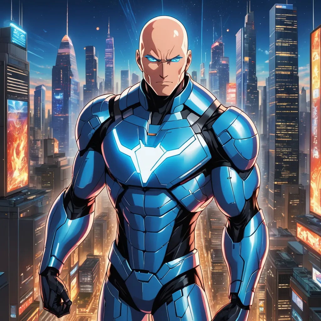 a man in a futuristic suit standing in front of a cityscape at night with a glowing light, rayonism, concept art, Dong Kingman, official art