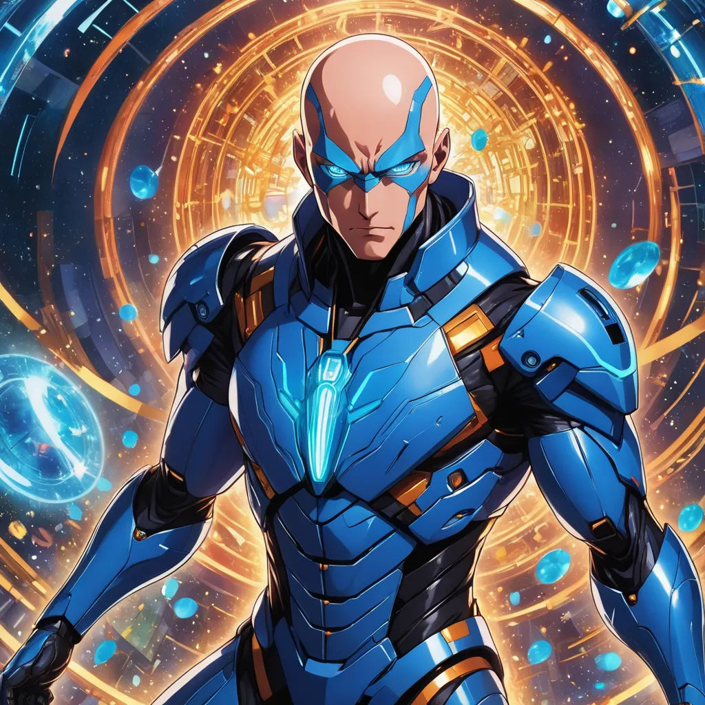 a man in a blue suit standing in front of a circular background with a light blue light on his face, rayonism, concept art, Everett Warner, rossdraws global illumination