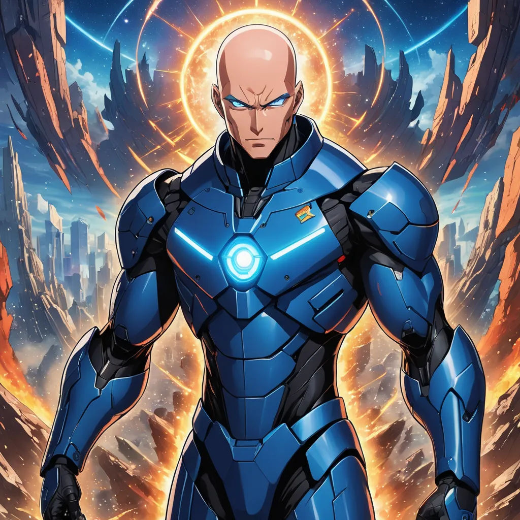 a man in a blue suit standing in front of a city with a glowing halo around his head and a glowing halo around his head, antipodeans, poster art, Artgerm, official art