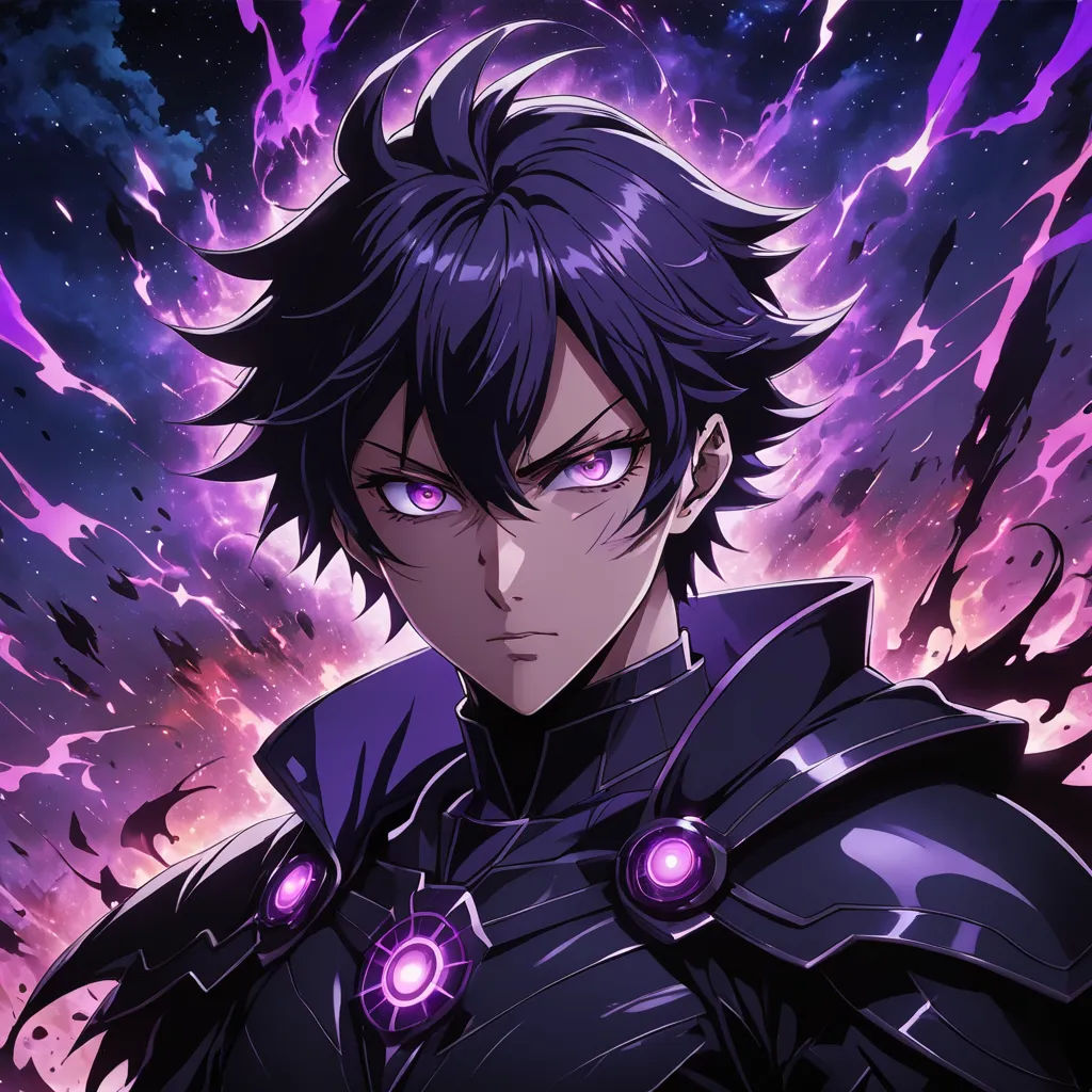 a man with black hair and purple eyes in front of a purple background with lightnings and stars in the sky, vanitas, poster art, Aya Goda, anime key visual