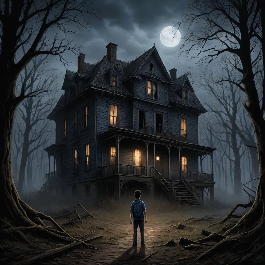 a man standing in front of a creepy house at night with a full moon in the background and a creepy tree, key art, gothic art, a detailed matte painting, Dan Mumford