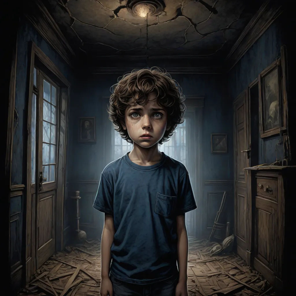 a boy standing in a room with a light on above him and a door open to another room with a window, highly detailed digital painting, fantastic realism, a detailed painting, Bastien L. Deharme