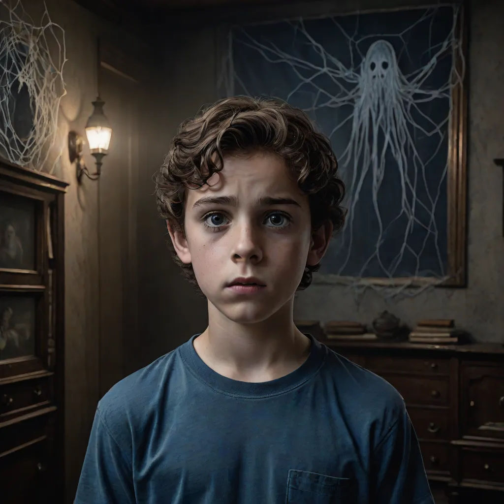 a boy in a creepy room with a ghost on the wall behind him and a creepy ghost on the wall behind him, promotional image, sots art, poster art, Diego Gisbert Llorens