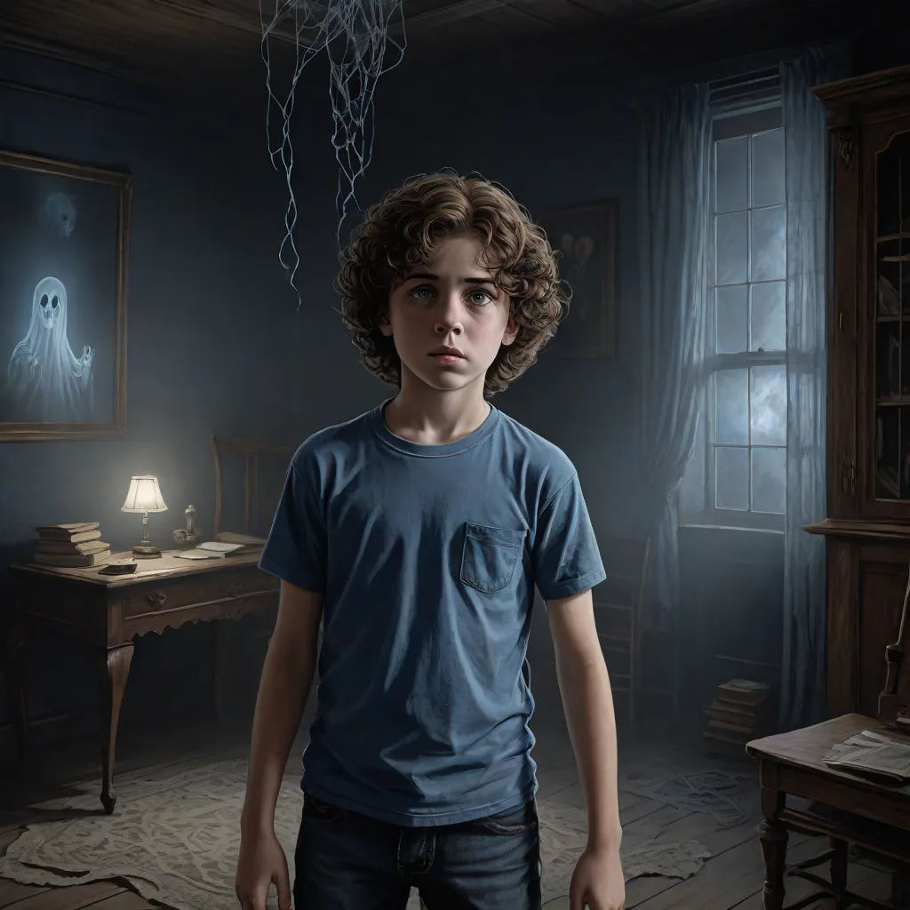 a boy standing in a dark room with a creepy ghost hanging from the ceiling above him and a lamp above him, highly detailed digital painting, photorealism, a detailed matte painting, Diego Gisbert Llorens
