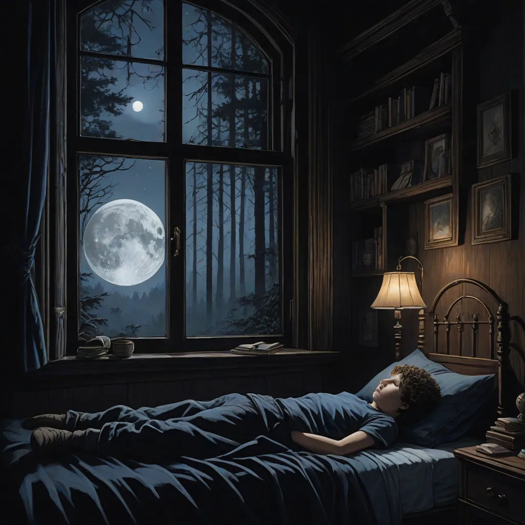 a person laying in a bed under a full moon in a dark room with a window and bookshelf, highly detailed digital painting, fantastic realism, a detailed matte painting, Dan Mumford