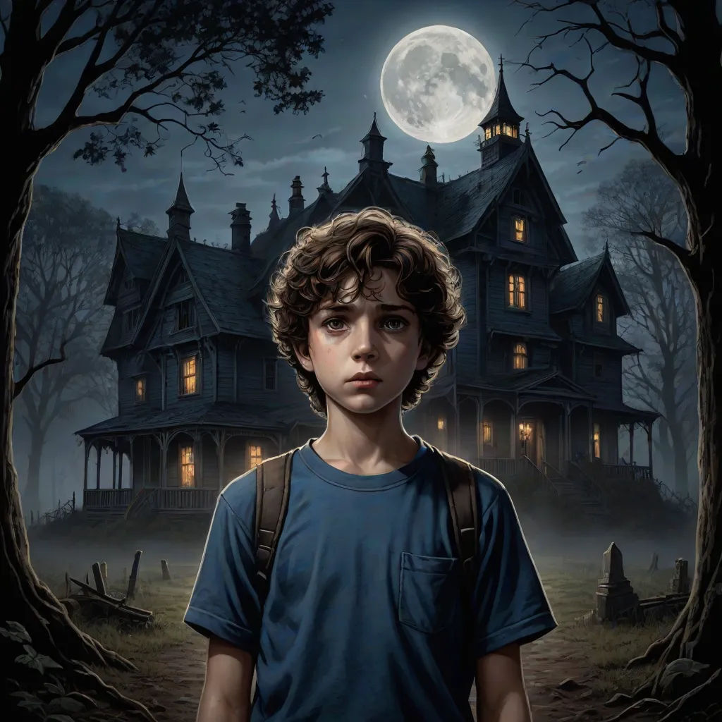 a boy standing in front of a creepy house with a full moon in the background and a creepy tree, key art, sots art, poster art, Dan Mumford