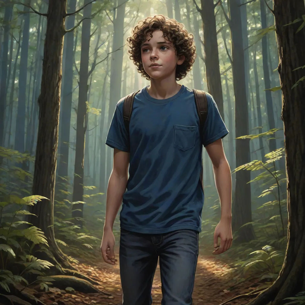 a painting of a boy walking through a forest with a backpack on his back and a sunbeam in the background, key art, american scene painting, a character portrait, Aaron Jasinski