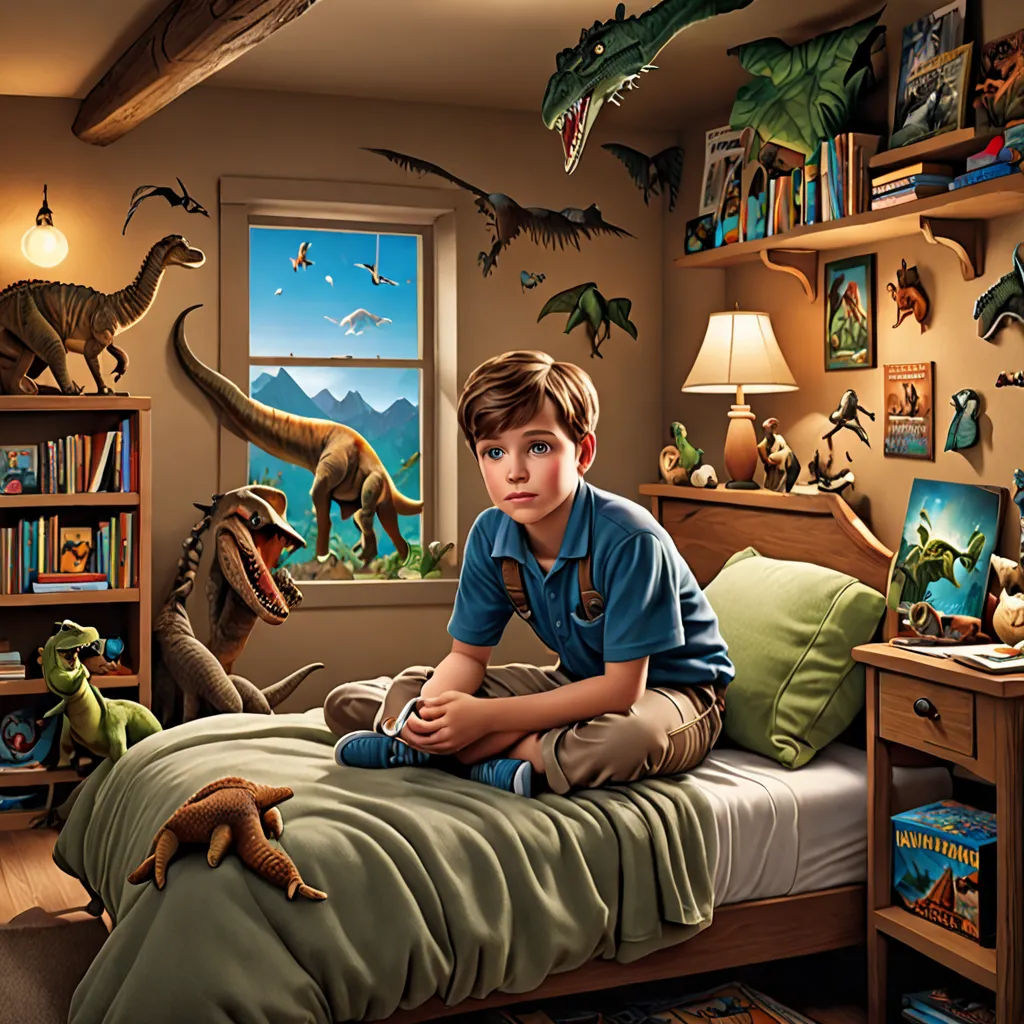 a boy sitting on a bed in a bedroom with dinosaurs on the wall and a bookcase behind him, photorealism, a detailed matte painting, Chris LaBrooy, highly detailed digital painting