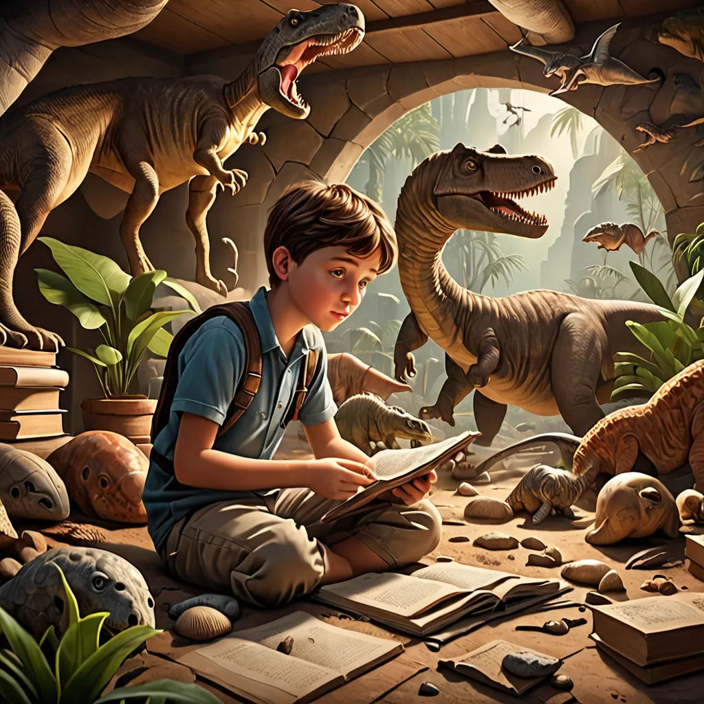 a boy sitting on the ground reading a book in front of a group of dinosaurs in a cave with a dinosaur, fantasy art, a storybook illustration, Clint Cearley, rossdraws global illumination