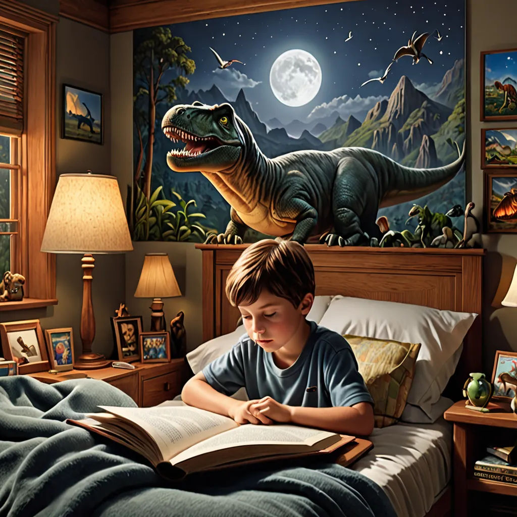 a boy reading a book in a bedroom with a dinosaur mural on the wall behind him and a dinosaur painting on the wall, massurrealism, a storybook illustration, Chris LaBrooy, storybook illustration