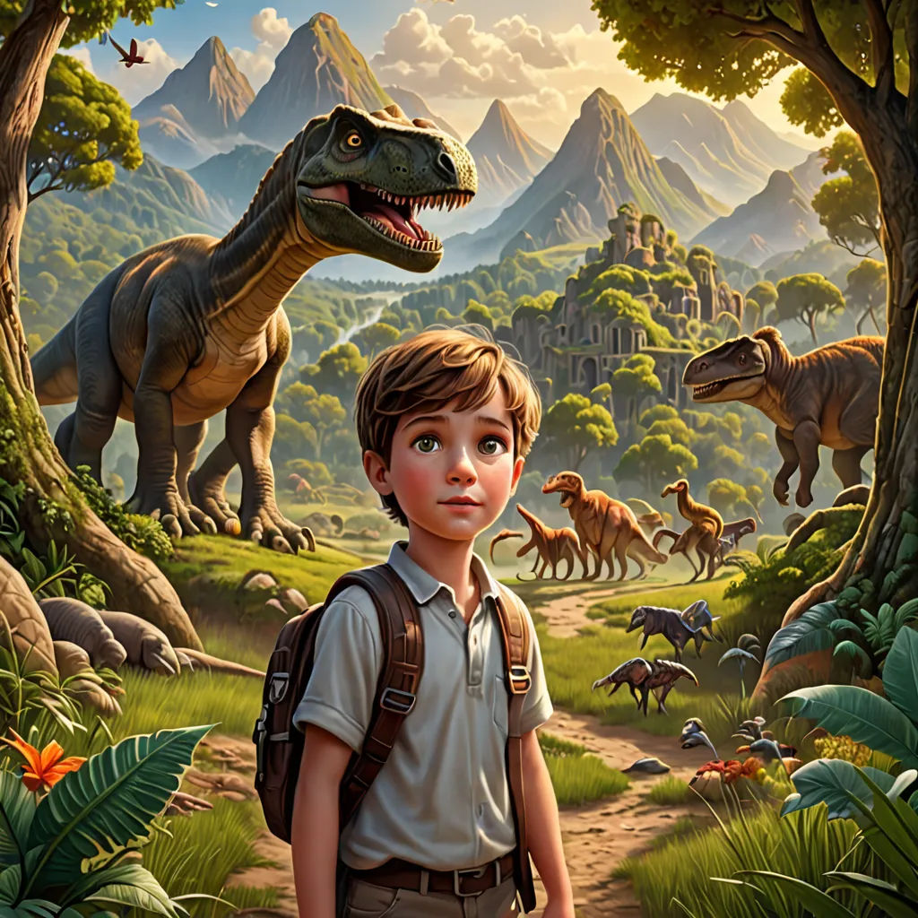 a boy is standing in front of a dinosaur scene with a t - rex and other dinosaurs in the background, fantasy art, a storybook illustration, Adam Rex, rossdraws global illumination