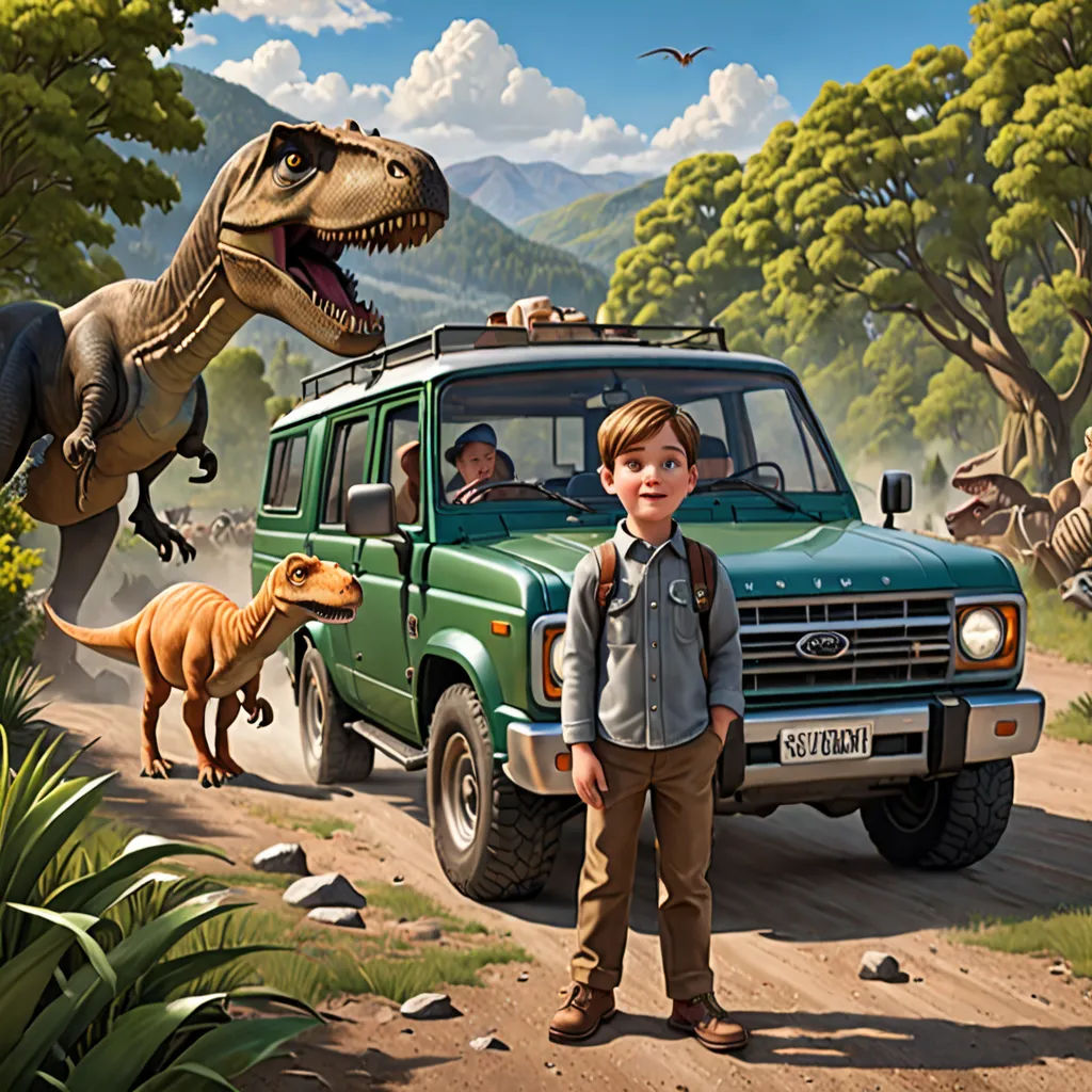 a boy standing in front of a green truck with a dinosaur on it and a t - rex in the background, photorealism, a storybook illustration, Adam Rex, highly detailed digital painting