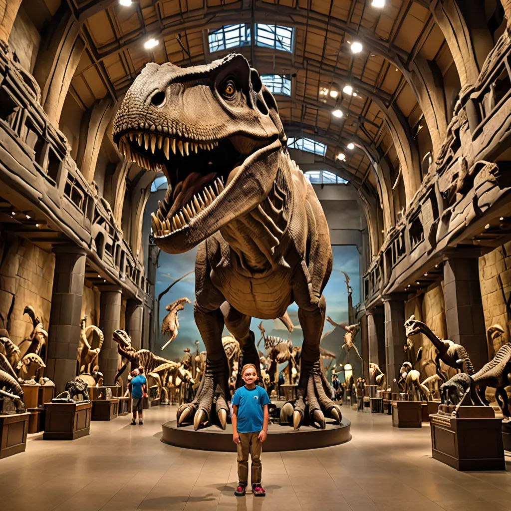 a young boy standing in front of a dinosaur skeleton in a museum exhibit with other dinosaurs in the background, maximalism, a stock photo, Adam Rex, award-winning photograph