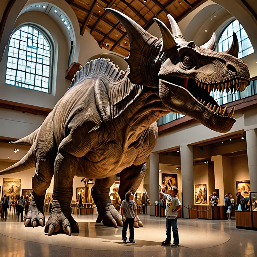 a large dinosaur statue in a museum with people looking at it and a man standing next to it with a camera, academic art, a digital rendering, Adam Rex, epic scale