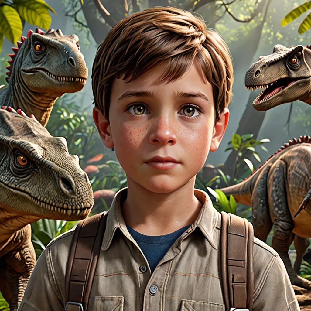 a boy standing in front of a group of dinosaurs in a jungle setting with a camera in his hand, photorealism, computer graphics, Adam Rex, promotional image