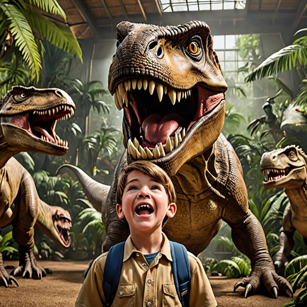 a boy standing in front of a dinosaur in a museum with other dinosaurs in the background and a boy in a backpack looking up, lyco art, a stock photo, Adam Rex, promotional image