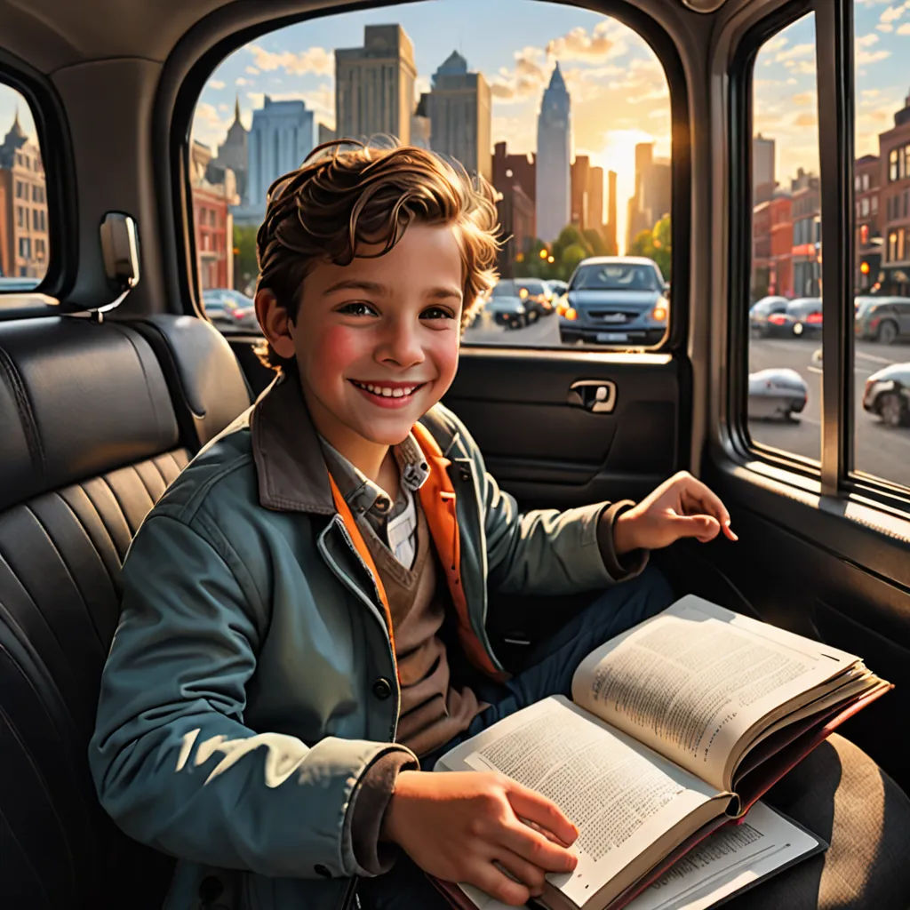 a boy sitting in a car reading a book and smiling at the camera with a city view in the background, photorealism, a storybook illustration, Bob Byerley, cinematic photography
