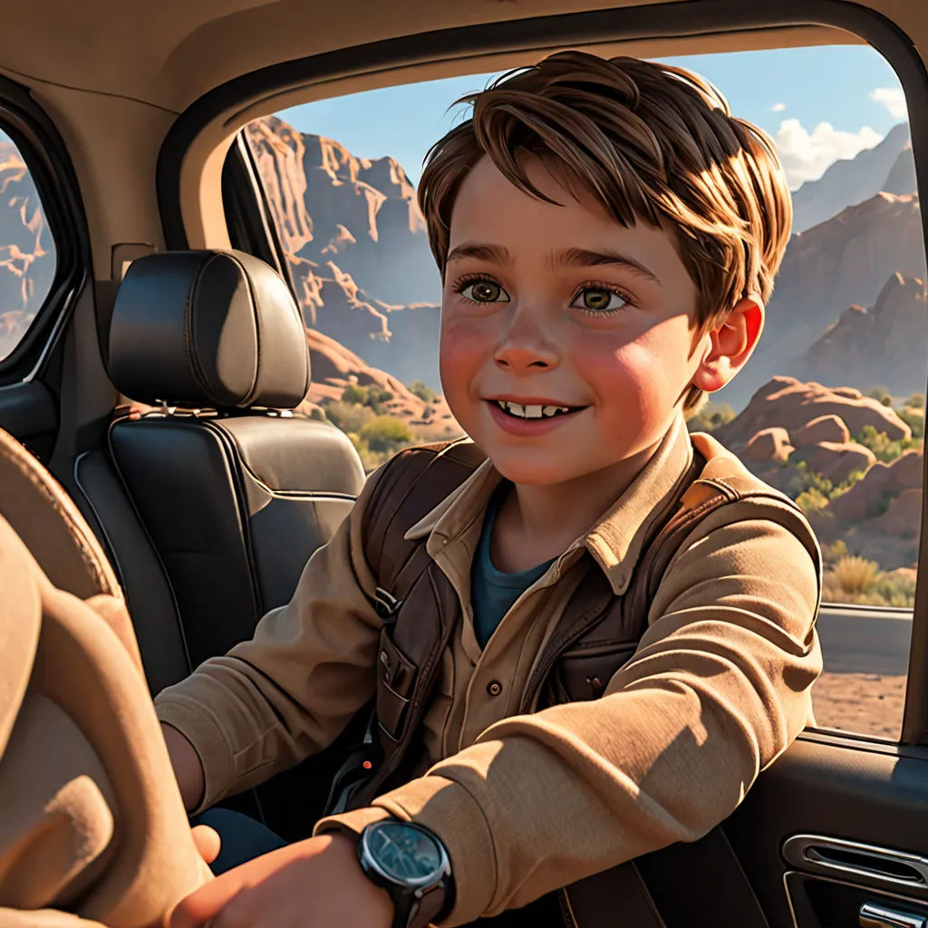 a boy sitting in a car with a watch on his wrist and smiling at the camera, with mountains in the background, photorealism, a stock photo, Chris LaBrooy, promotional image