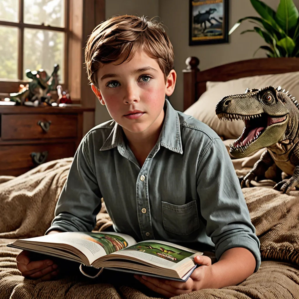 a boy is reading a book in bed with a dinosaur statue in the background and a dinosaur statue on the bed, photorealism, a storybook illustration, Adam Rex, weta digital