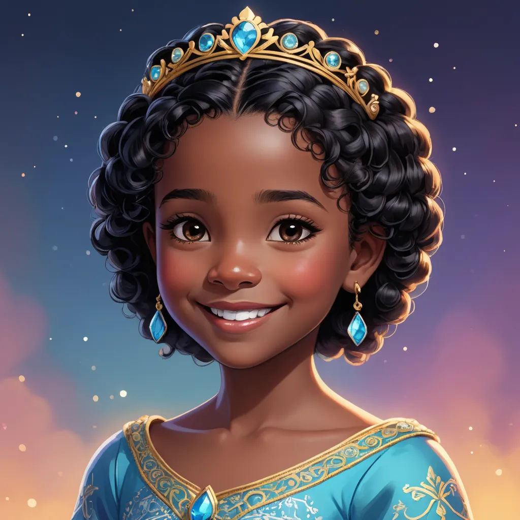 a cartoon character with a tiara on her head and a smile on her face, with a sky background, fantasy art, a character portrait, Chinwe Chukwuogo-Roy, kinkade
