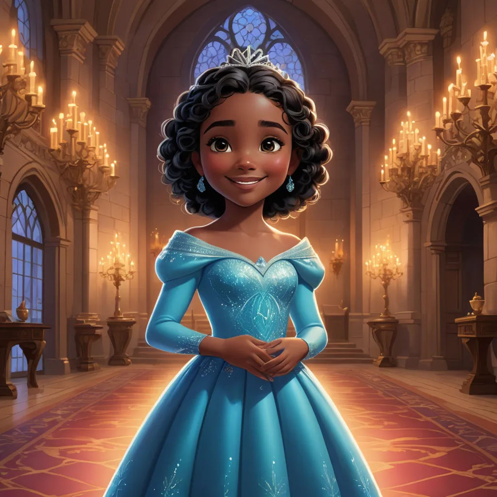 a cartoon character in a blue dress in a palace setting with chandeliers and chandeliers on the walls, sots art, concept art, disney, official art