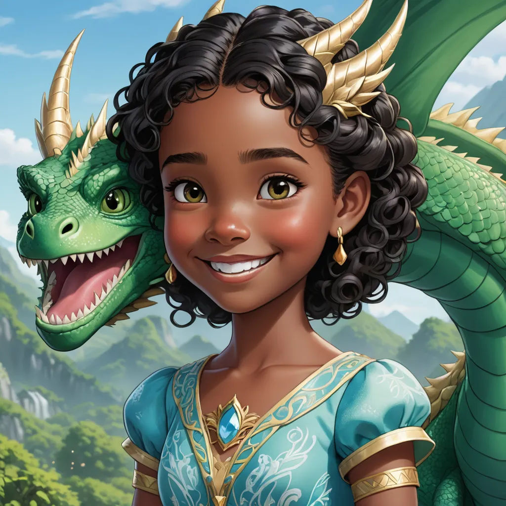 a cartoon girl with a dragon on her head and a green dragon on her shoulder, in front of a mountain, fantasy art, a character portrait, Chris LaBrooy, promotional image