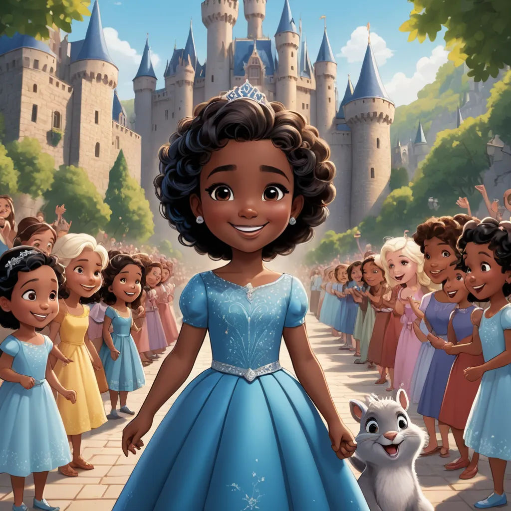 a cartoon of a princess standing in front of a group of children in dresses and tiaras with a castle in the background, magical realism, a storybook illustration, disney, official art