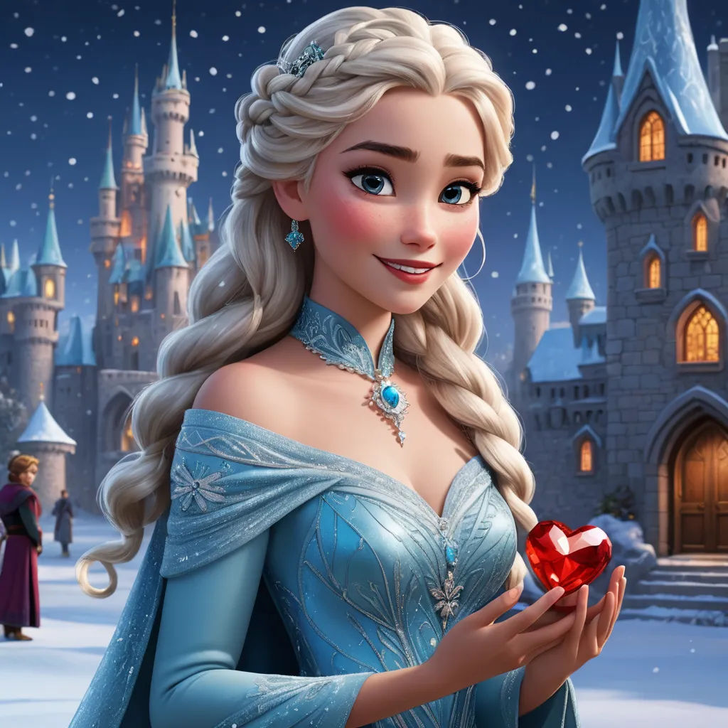 a cartoon character holding a red heart in front of a castle with a snowman and princess in it, sots art, a character portrait, disney, official art