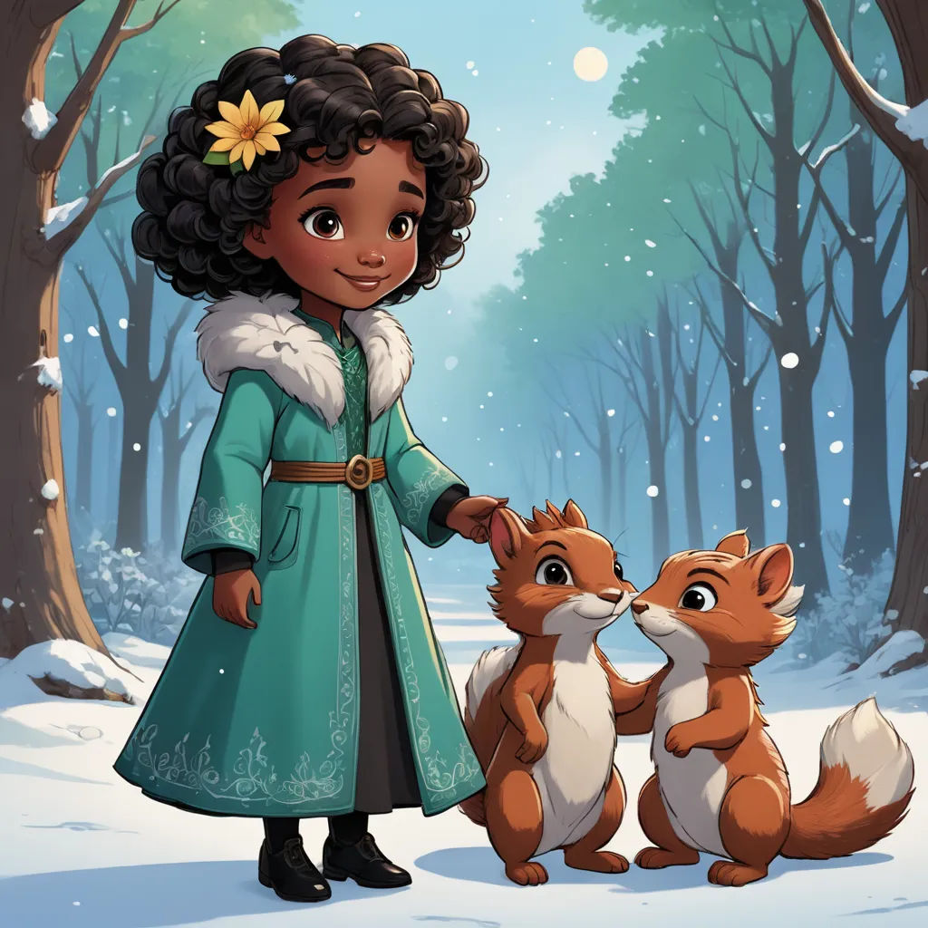 a cartoon girl in a winter scene with two foxes and a snowman behind her, with a snow covered forest in the background, furry art, a character portrait, Alexis Simon Belle, key art