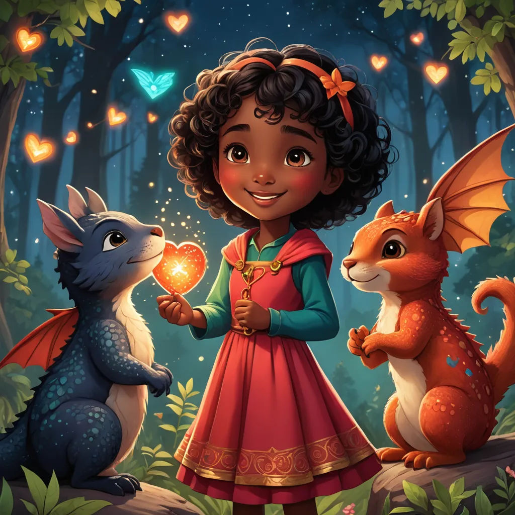 a girl holding a heart surrounded by two animals in a forest with butterflies and hearts floating above her and a dragon, fantasy art, a storybook illustration, Chris LaBrooy, key art