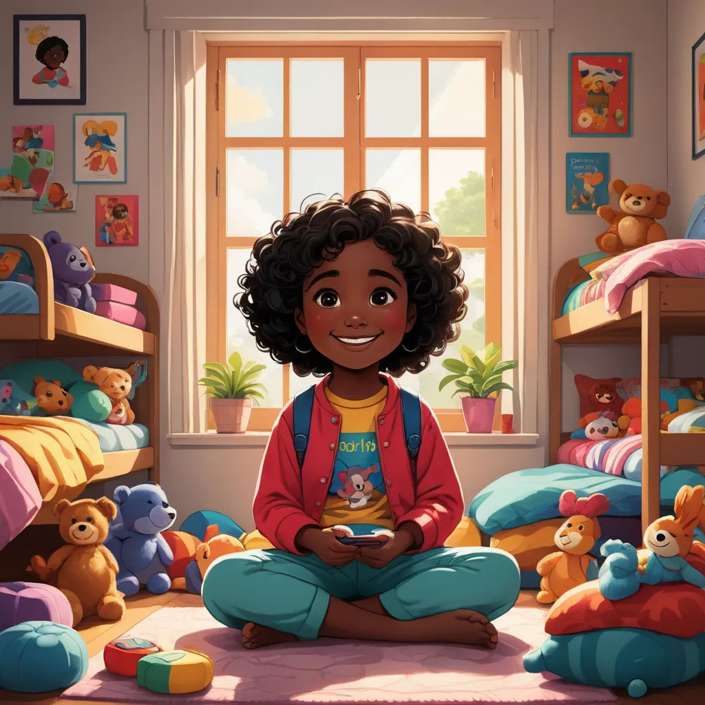 a cartoon girl sitting on the floor in a bedroom with teddy bears and a window with a view of the outside, sots art, a storybook illustration, Chris LaBrooy, key art