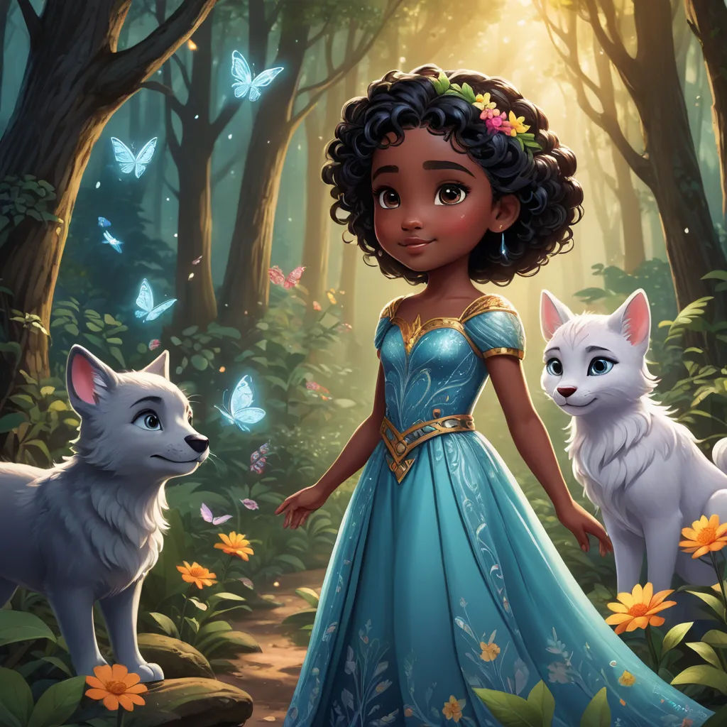 a young girl in a blue dress standing next to two white dogs in a forest with butterflies on her head, sots art, a storybook illustration, disney, official art