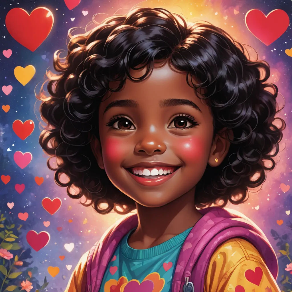 a painting of a young girl with hearts around her face and a backpack on her shoulders, smiling at the camera, photorealism, a detailed painting, Drew Struzan, highly detailed digital painting
