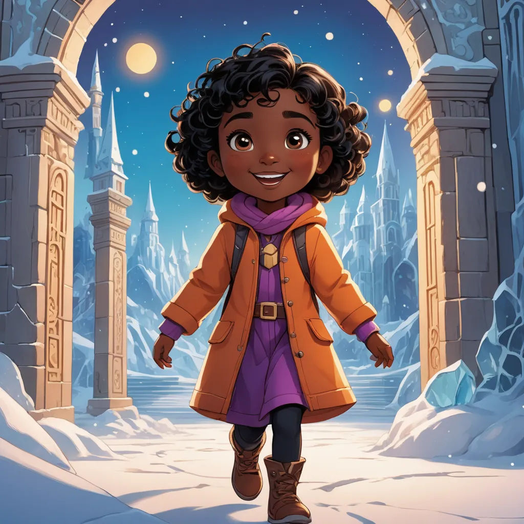 a cartoon girl walking through a snowy archway with a light on her head and a purple coat on her shoulders, fantasy art, a storybook illustration, Ada Hill Walker, key art