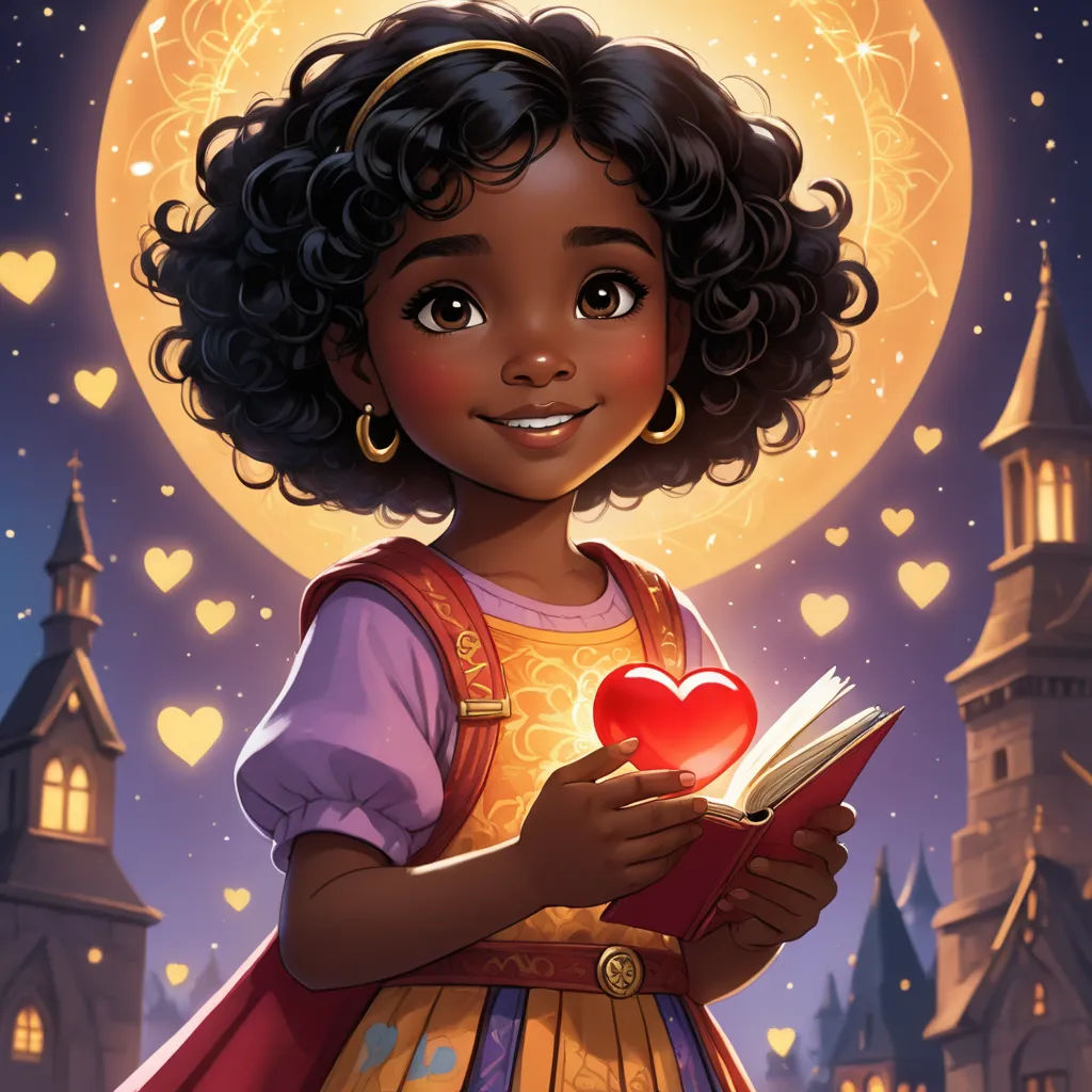 a cartoon girl holding a book and a heart in her hands in front of a castle with a full moon, fantasy art, a storybook illustration, Constance Gordon-Cumming, kinkade