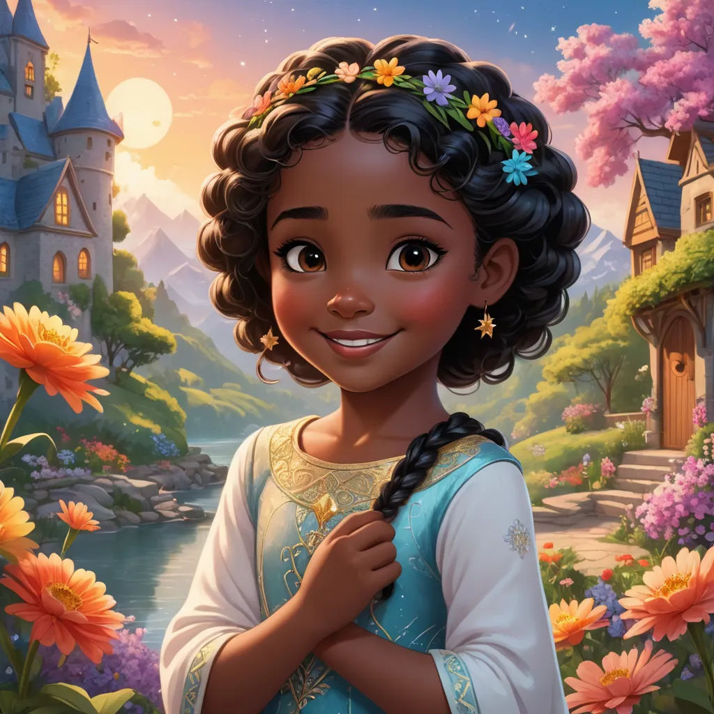 a cartoon girl with a flower crown on her head and a castle in the background with flowers in her hair, fantasy art, a character portrait, Alice Prin, kinkade