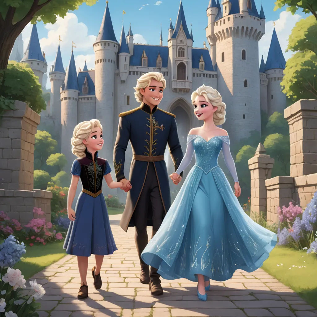 a man and a woman are walking in front of a castle with a princess and prince on it and a castle in the background, sots art, concept art, disney, official art