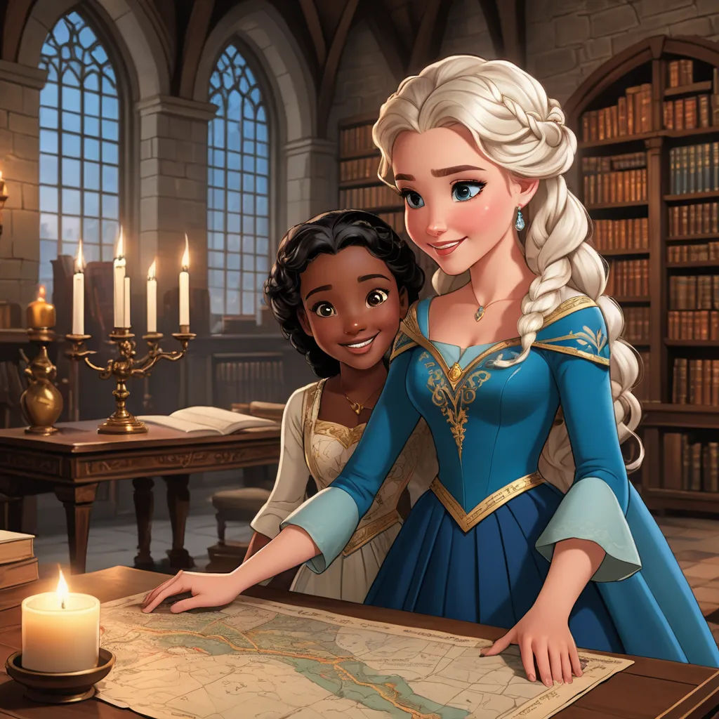 a cartoon of a princess and a princess standing next to a map with candles on it in a library, sots art, a storybook illustration, disney, official art