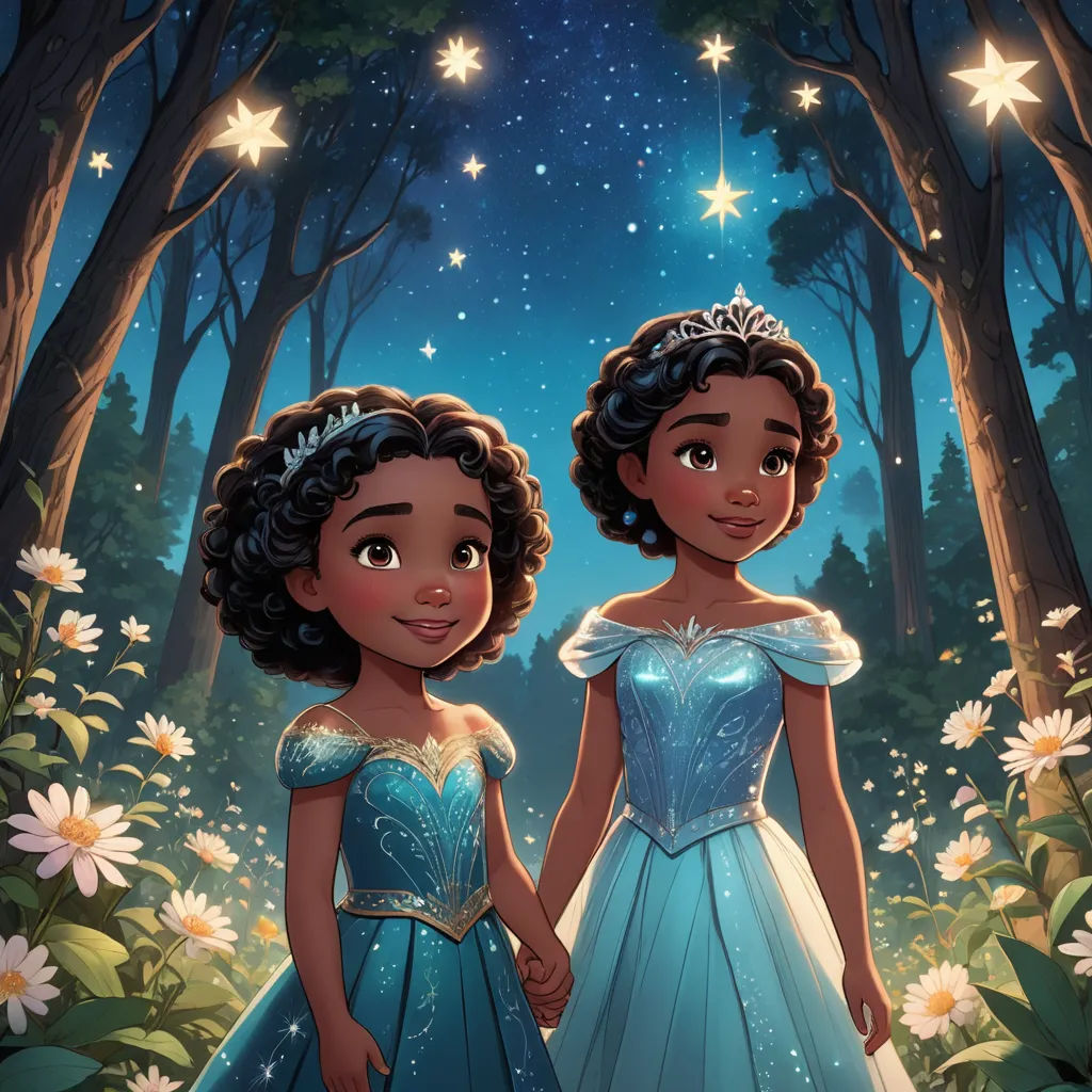a couple of young girls standing next to each other in a forest at night with stars above them and a sky full of stars, fantasy art, a storybook illustration, disney, official art