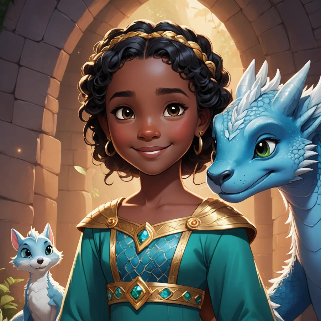 a young girl in a blue dress with a blue dragon on her shoulder and a white cat in front of her, fantasy art, a character portrait, Brom, official art