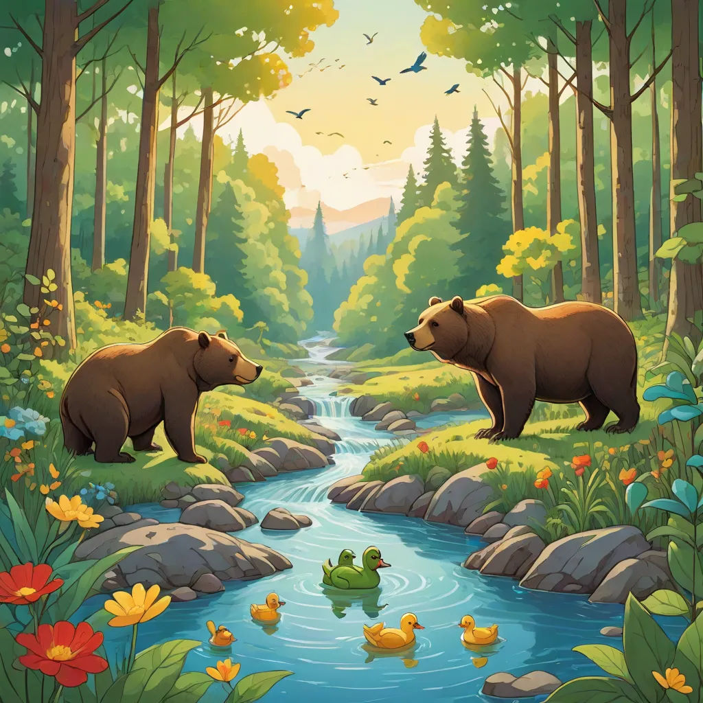 two bears are standing in the woods by a river with ducks and ducks in the water, and a duckling in the water, a storybook illustration, Chris LaBrooy, environmental art, official art